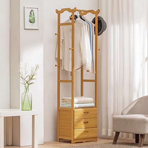 MoNiBloom Garment Rack with Drawers and Hooks, Bamboo Clothes Racks Storage Shelving Organizer Unit for Bedroom Laundry Room Guest Room, Natural