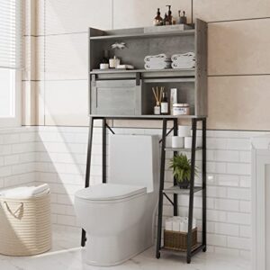furniouse over the toilet storage cabinet with toilet paper holder stand, mass-storage over toilet bathroom organizer with sliding barn door, space-saving toilet rack, for bathroom, restroom, laundry