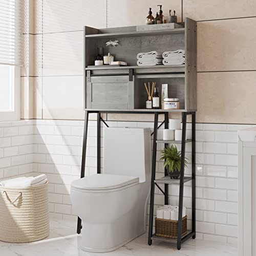 Furniouse Over The Toilet Storage Cabinet with Toilet Paper Holder Stand, Mass-Storage Over Toilet Bathroom Organizer with Sliding Barn Door, Space-Saving Toilet Rack, for Bathroom, Restroom, Laundry