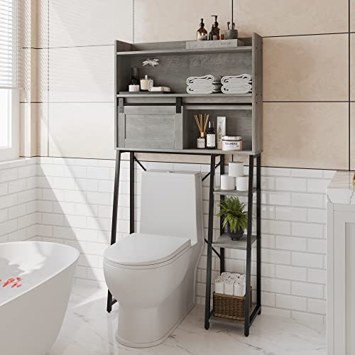 Furniouse Over The Toilet Storage Cabinet with Toilet Paper Holder Stand, Mass-Storage Over Toilet Bathroom Organizer with Sliding Barn Door, Space-Saving Toilet Rack, for Bathroom, Restroom, Laundry