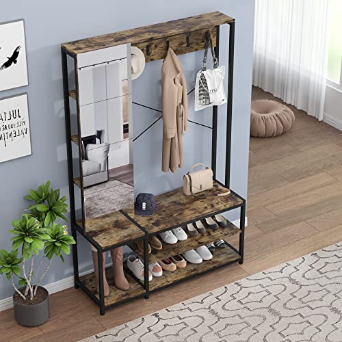 PAKASEPT Hall Tree with Mirror, Freestanding Closet Organizer, Garment Rack with Mirror, Heavy Duty Garment Rack Hanging Clothing Wardrobe Storage Closet for Bedroom