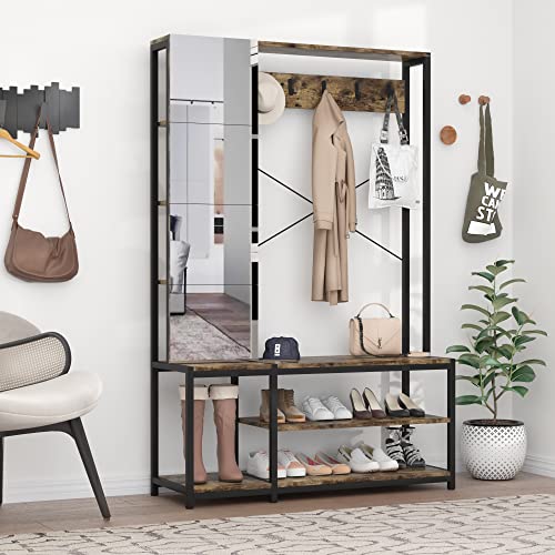 PAKASEPT Hall Tree with Mirror, Freestanding Closet Organizer, Garment Rack with Mirror, Heavy Duty Garment Rack Hanging Clothing Wardrobe Storage Closet for Bedroom