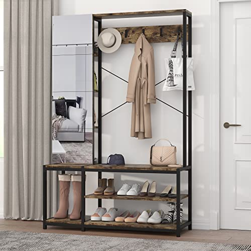 PAKASEPT Hall Tree with Mirror, Freestanding Closet Organizer, Garment Rack with Mirror, Heavy Duty Garment Rack Hanging Clothing Wardrobe Storage Closet for Bedroom