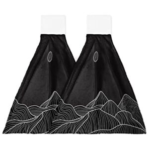 Ldtrchee Mountains Scenery Hand Towel with Hanging Loop, Sun Black White Line Abstract Art Hanging Tie Towels Set 2 Pcs, Kitchen Absorbent Towel for Bathroom Tea Bar Laundry