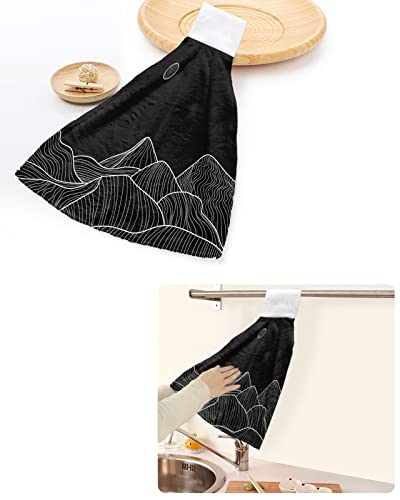 Ldtrchee Mountains Scenery Hand Towel with Hanging Loop, Sun Black White Line Abstract Art Hanging Tie Towels Set 2 Pcs, Kitchen Absorbent Towel for Bathroom Tea Bar Laundry