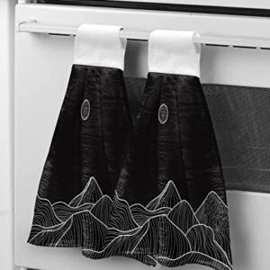 Ldtrchee Mountains Scenery Hand Towel with Hanging Loop, Sun Black White Line Abstract Art Hanging Tie Towels Set 2 Pcs, Kitchen Absorbent Towel for Bathroom Tea Bar Laundry