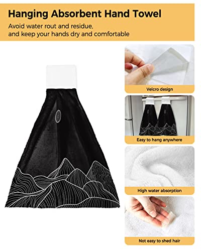 Ldtrchee Mountains Scenery Hand Towel with Hanging Loop, Sun Black White Line Abstract Art Hanging Tie Towels Set 2 Pcs, Kitchen Absorbent Towel for Bathroom Tea Bar Laundry