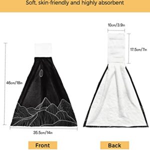 Ldtrchee Mountains Scenery Hand Towel with Hanging Loop, Sun Black White Line Abstract Art Hanging Tie Towels Set 2 Pcs, Kitchen Absorbent Towel for Bathroom Tea Bar Laundry