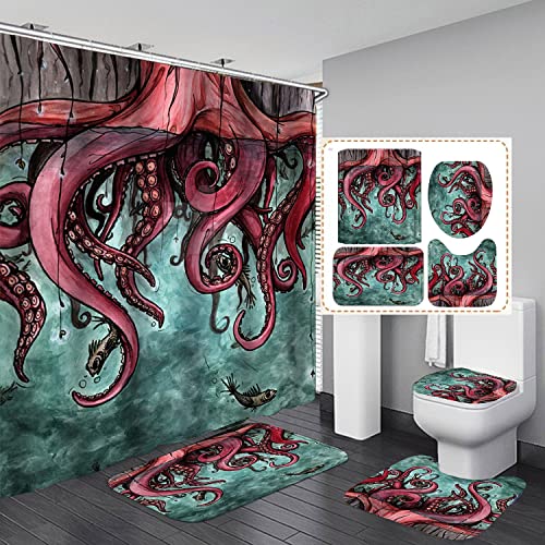 4Pcs Pink Ocean Bathroom Sets with Shower Curtains and Rugs Fish and Marine Animals Shower Curtains Sets with Bath Mat and Toilet Seat Cover Funny Bathroom Sets and Accessories