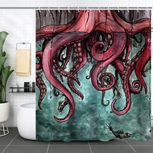 4Pcs Pink Ocean Bathroom Sets with Shower Curtains and Rugs Fish and Marine Animals Shower Curtains Sets with Bath Mat and Toilet Seat Cover Funny Bathroom Sets and Accessories