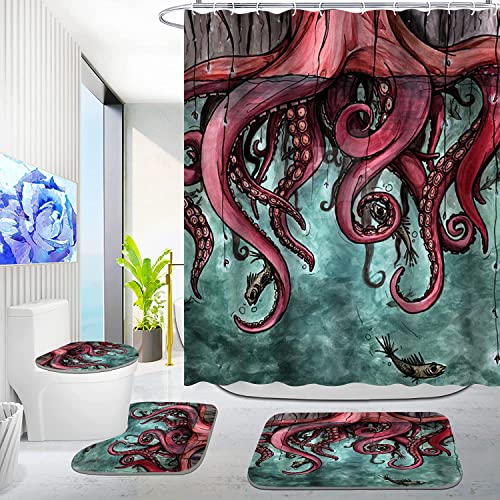 4Pcs Pink Ocean Bathroom Sets with Shower Curtains and Rugs Fish and Marine Animals Shower Curtains Sets with Bath Mat and Toilet Seat Cover Funny Bathroom Sets and Accessories