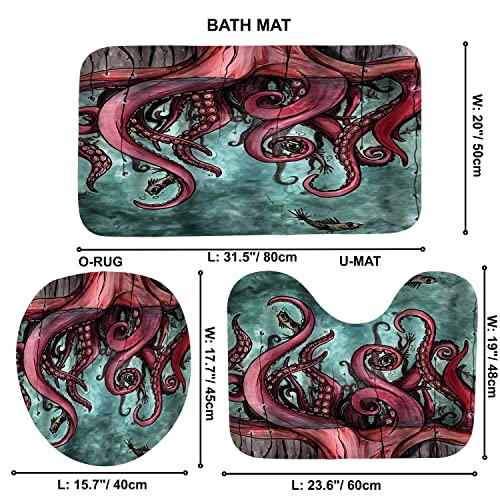 4Pcs Pink Ocean Bathroom Sets with Shower Curtains and Rugs Fish and Marine Animals Shower Curtains Sets with Bath Mat and Toilet Seat Cover Funny Bathroom Sets and Accessories