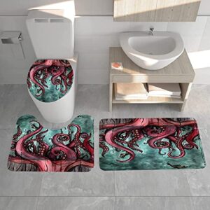 4Pcs Pink Ocean Bathroom Sets with Shower Curtains and Rugs Fish and Marine Animals Shower Curtains Sets with Bath Mat and Toilet Seat Cover Funny Bathroom Sets and Accessories