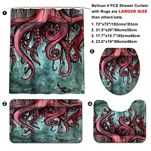 4Pcs Pink Ocean Bathroom Sets with Shower Curtains and Rugs Fish and Marine Animals Shower Curtains Sets with Bath Mat and Toilet Seat Cover Funny Bathroom Sets and Accessories