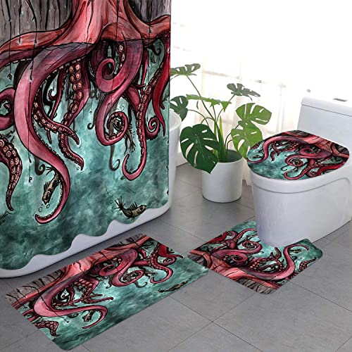 4Pcs Pink Ocean Bathroom Sets with Shower Curtains and Rugs Fish and Marine Animals Shower Curtains Sets with Bath Mat and Toilet Seat Cover Funny Bathroom Sets and Accessories