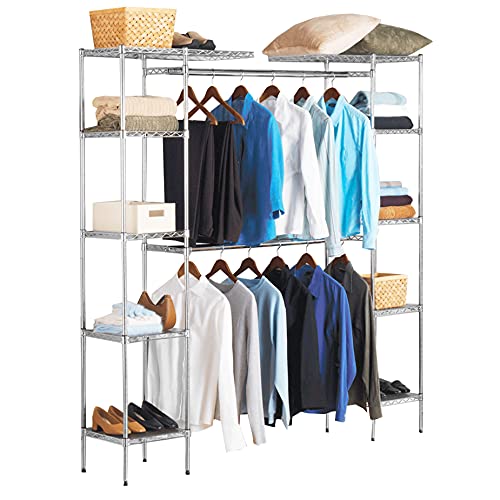 Seville Classics Expandable Double-Rod Clothes Rack Closet Organizer System, 58" to 83" W x 14" D x 72", Plated Steel, Chrome