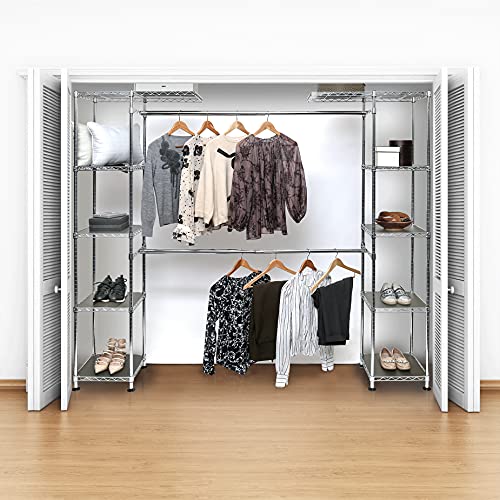 Seville Classics Expandable Double-Rod Clothes Rack Closet Organizer System, 58" to 83" W x 14" D x 72", Plated Steel, Chrome