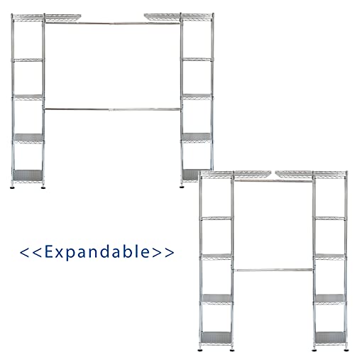 Seville Classics Expandable Double-Rod Clothes Rack Closet Organizer System, 58" to 83" W x 14" D x 72", Plated Steel, Chrome