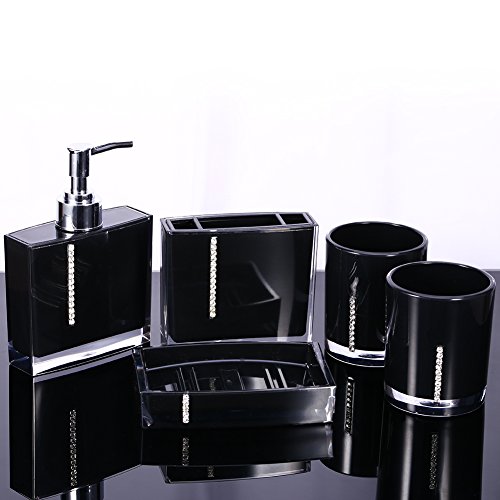5Set Bathroom Accessory Set, Acrylic Bathroom Accessories Bath with Toothbrush Holder Toothbrush Cup Containe Tumble Soap Dish Liquid Soap Lotion Pump Lotion Dispenser Dispenser Black