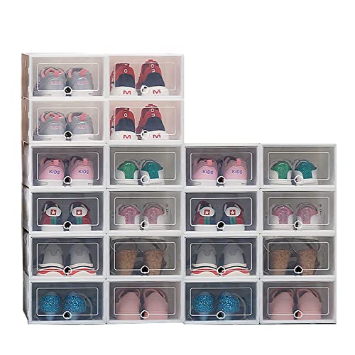 WOQLIBE Shoe Storage Boxes Set, Set of 20 Stackable Drop Front Shoe Box,Foldable Shoe Sneaker Containers Bins Holders,Easy Assembly,Plastic Clear Home Shoes Organizer Stack for Closet