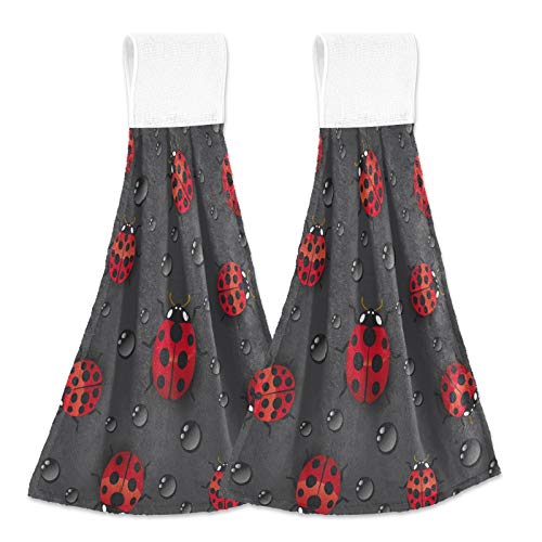 Blueangle Set of 2 Red Ladybugs Hanging Tie Towels Kitchen Hand Towel Absorbent Soft Coral Velvet Dish Wipe Cloth for Kitchen Bathroom