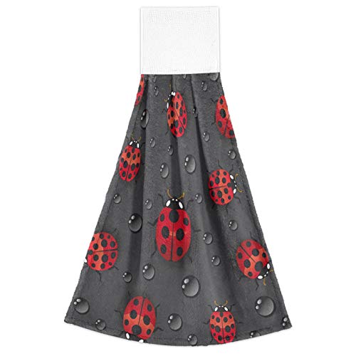 Blueangle Set of 2 Red Ladybugs Hanging Tie Towels Kitchen Hand Towel Absorbent Soft Coral Velvet Dish Wipe Cloth for Kitchen Bathroom