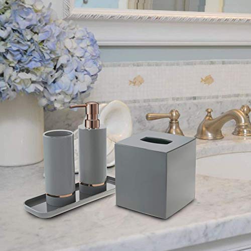 Bathroom Accessories - Set of 4 Includes Decorative Soap Lotion Dispenser, Tumbler, Tissue Box, Tray for Modern Farmhouse Bath Decor Kitchen Countertop Organizer Housewarming Gift - Grey