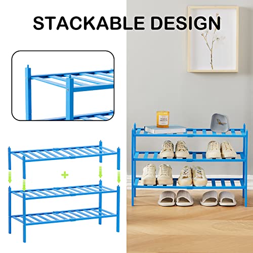 Quiqear Bamboo Shoe Rack, 3 Tier Shoe Rack Organizer, Stackable & Durable Shoe Shelf Holder, Free Standing Shoe Racks, Shoe Storage Organizer for Entryway, Closet, Hallway, 27.2*11*18.3inch (Blue)