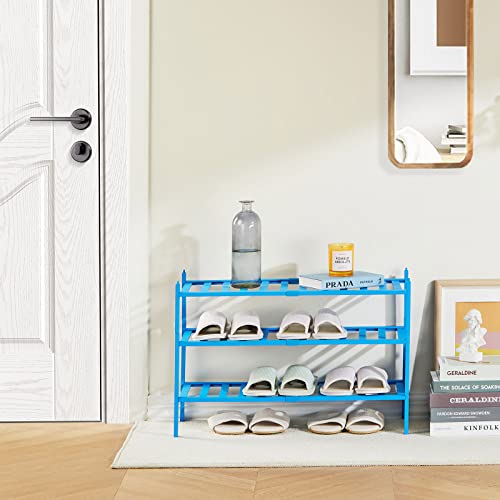 Quiqear Bamboo Shoe Rack, 3 Tier Shoe Rack Organizer, Stackable & Durable Shoe Shelf Holder, Free Standing Shoe Racks, Shoe Storage Organizer for Entryway, Closet, Hallway, 27.2*11*18.3inch (Blue)