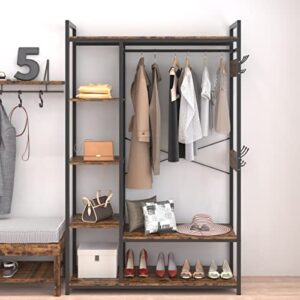 free standing closet organizer with storage box & side hook, portable garment rack with 6 heavy duty shelves and hanging rod, black metal frame hanging closet shelves - rustic brown