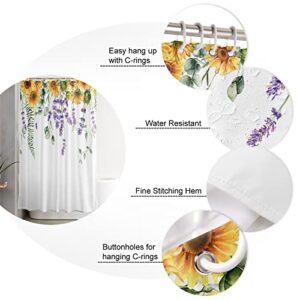 MUSEDAY 4Pcs Shower Curtain Sets with Non-Slip Bath Rugs, Absorbent Toilet Lid Cover Flowers Durable Waterproof Bath Curtain Decor Set Sunflower Lavender Flower Eucalyptus Leaves