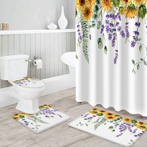 museday 4pcs shower curtain sets with non-slip bath rugs, absorbent toilet lid cover flowers durable waterproof bath curtain decor set sunflower lavender flower eucalyptus leaves