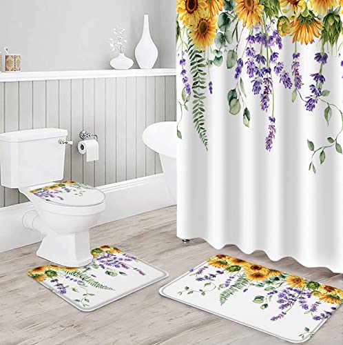 MUSEDAY 4Pcs Shower Curtain Sets with Non-Slip Bath Rugs, Absorbent Toilet Lid Cover Flowers Durable Waterproof Bath Curtain Decor Set Sunflower Lavender Flower Eucalyptus Leaves