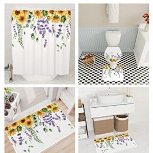 MUSEDAY 4Pcs Shower Curtain Sets with Non-Slip Bath Rugs, Absorbent Toilet Lid Cover Flowers Durable Waterproof Bath Curtain Decor Set Sunflower Lavender Flower Eucalyptus Leaves