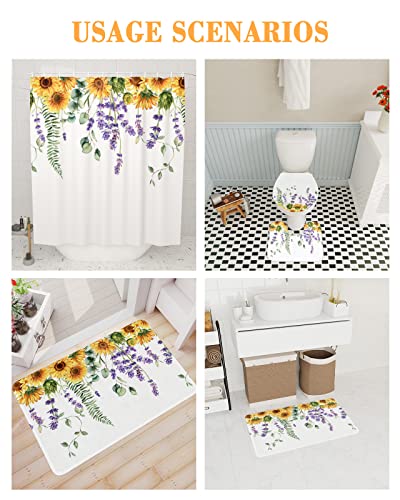 MUSEDAY 4Pcs Shower Curtain Sets with Non-Slip Bath Rugs, Absorbent Toilet Lid Cover Flowers Durable Waterproof Bath Curtain Decor Set Sunflower Lavender Flower Eucalyptus Leaves