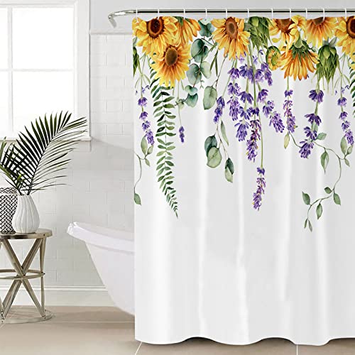 MUSEDAY 4Pcs Shower Curtain Sets with Non-Slip Bath Rugs, Absorbent Toilet Lid Cover Flowers Durable Waterproof Bath Curtain Decor Set Sunflower Lavender Flower Eucalyptus Leaves