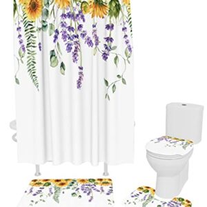 MUSEDAY 4Pcs Shower Curtain Sets with Non-Slip Bath Rugs, Absorbent Toilet Lid Cover Flowers Durable Waterproof Bath Curtain Decor Set Sunflower Lavender Flower Eucalyptus Leaves