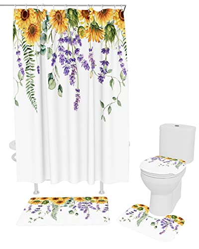 MUSEDAY 4Pcs Shower Curtain Sets with Non-Slip Bath Rugs, Absorbent Toilet Lid Cover Flowers Durable Waterproof Bath Curtain Decor Set Sunflower Lavender Flower Eucalyptus Leaves