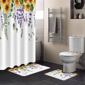 MUSEDAY 4Pcs Shower Curtain Sets with Non-Slip Bath Rugs, Absorbent Toilet Lid Cover Flowers Durable Waterproof Bath Curtain Decor Set Sunflower Lavender Flower Eucalyptus Leaves