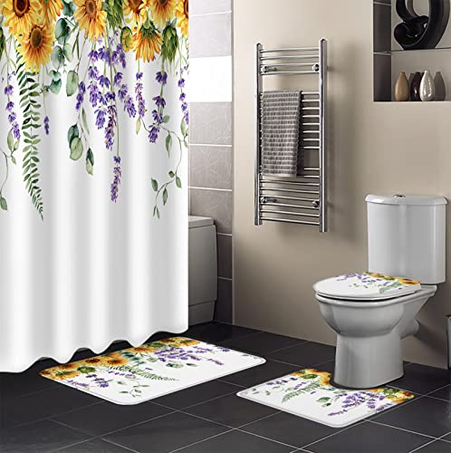 MUSEDAY 4Pcs Shower Curtain Sets with Non-Slip Bath Rugs, Absorbent Toilet Lid Cover Flowers Durable Waterproof Bath Curtain Decor Set Sunflower Lavender Flower Eucalyptus Leaves