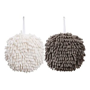 2 pack fuzzy ball towel white and gray,fast drying handball absorbent soft towel for kitchen,hand towels for bathroom decorative set,chenille hanging hand towels