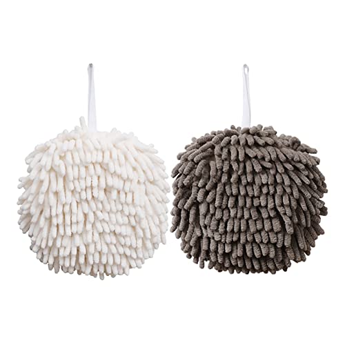 2 Pack Fuzzy Ball Towel White and Gray,Fast Drying Handball Absorbent Soft Towel for Kitchen,Hand Towels for Bathroom Decorative Set,Chenille Hanging Hand Towels