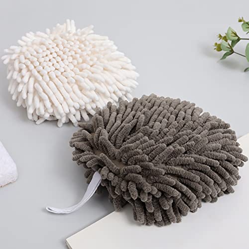 2 Pack Fuzzy Ball Towel White and Gray,Fast Drying Handball Absorbent Soft Towel for Kitchen,Hand Towels for Bathroom Decorative Set,Chenille Hanging Hand Towels