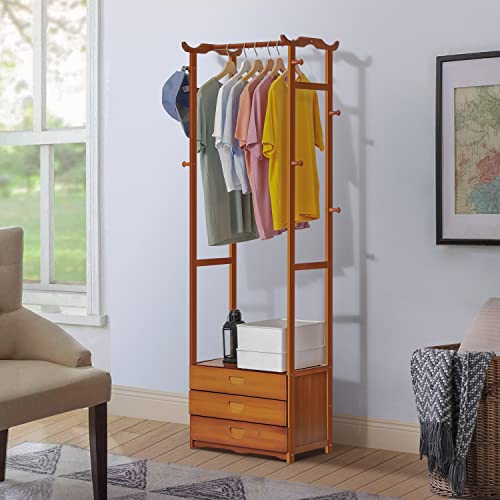 MoNiBloom Bamboo Garment Rack with 3 Drawers and 8 Hooks, Clothes Racks Storage Shelving Organizer Unit for Bedroom Laundry Room Guest Room, Brown