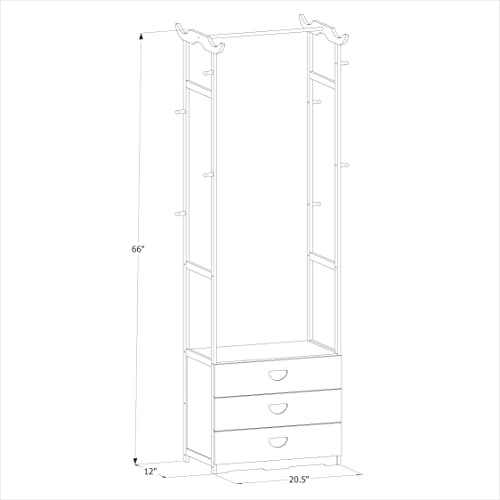 MoNiBloom Bamboo Garment Rack with 3 Drawers and 8 Hooks, Clothes Racks Storage Shelving Organizer Unit for Bedroom Laundry Room Guest Room, Brown