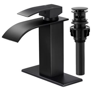 kzh waterfall bathroom faucet,single handle bathroom sink faucet for 1 or 3 hole washbasin faucet rv vanity faucet with deck plate, pop-up drain and supply hoses matte black