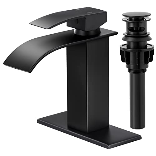 KZH Waterfall Bathroom Faucet,Single Handle Bathroom Sink Faucet for 1 or 3 Hole Washbasin Faucet Rv Vanity Faucet with Deck Plate, Pop-up Drain and Supply Hoses Matte Black