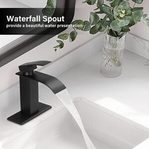 KZH Waterfall Bathroom Faucet,Single Handle Bathroom Sink Faucet for 1 or 3 Hole Washbasin Faucet Rv Vanity Faucet with Deck Plate, Pop-up Drain and Supply Hoses Matte Black
