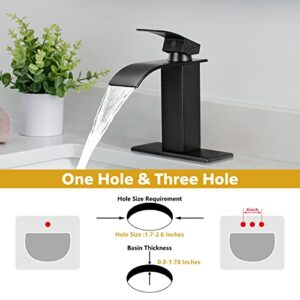 KZH Waterfall Bathroom Faucet,Single Handle Bathroom Sink Faucet for 1 or 3 Hole Washbasin Faucet Rv Vanity Faucet with Deck Plate, Pop-up Drain and Supply Hoses Matte Black