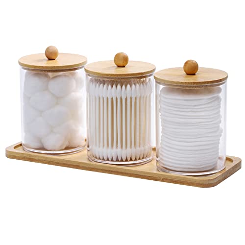 Tbestmax 10 Oz Cotton Swab/Ball/Pad Holder with Vanity Tray, Qtip Apothecary Jar, Clear Bathroom Containers Dispenser for Storage 3 Pack Wood Lids